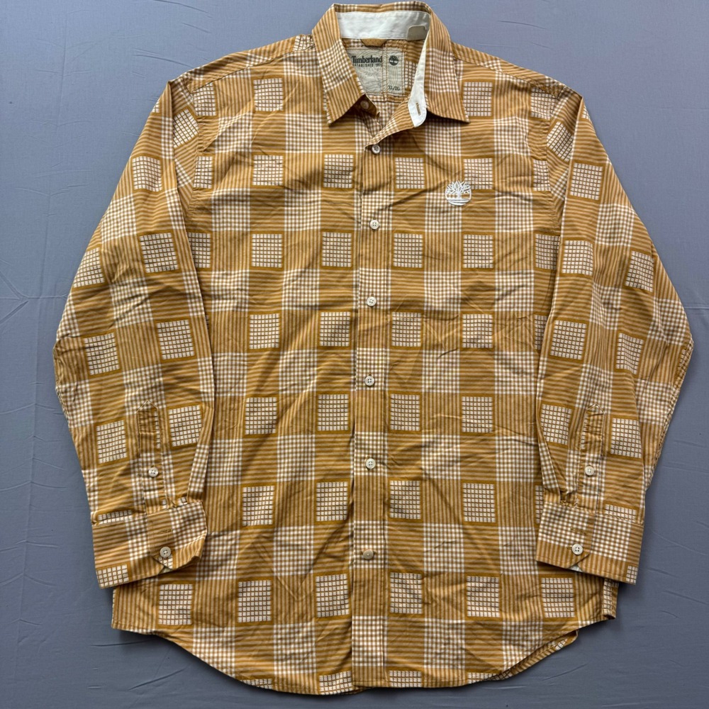 Timberland Mens XL Long Sleeve Button Down Shirt Mustard Yellow Plaid Grid Logo